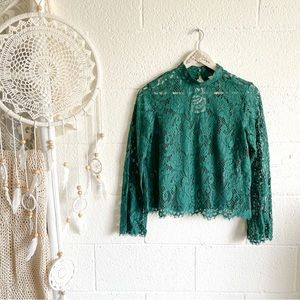 H&M Mock Neck Green Paisley Style Lace Blouse Top